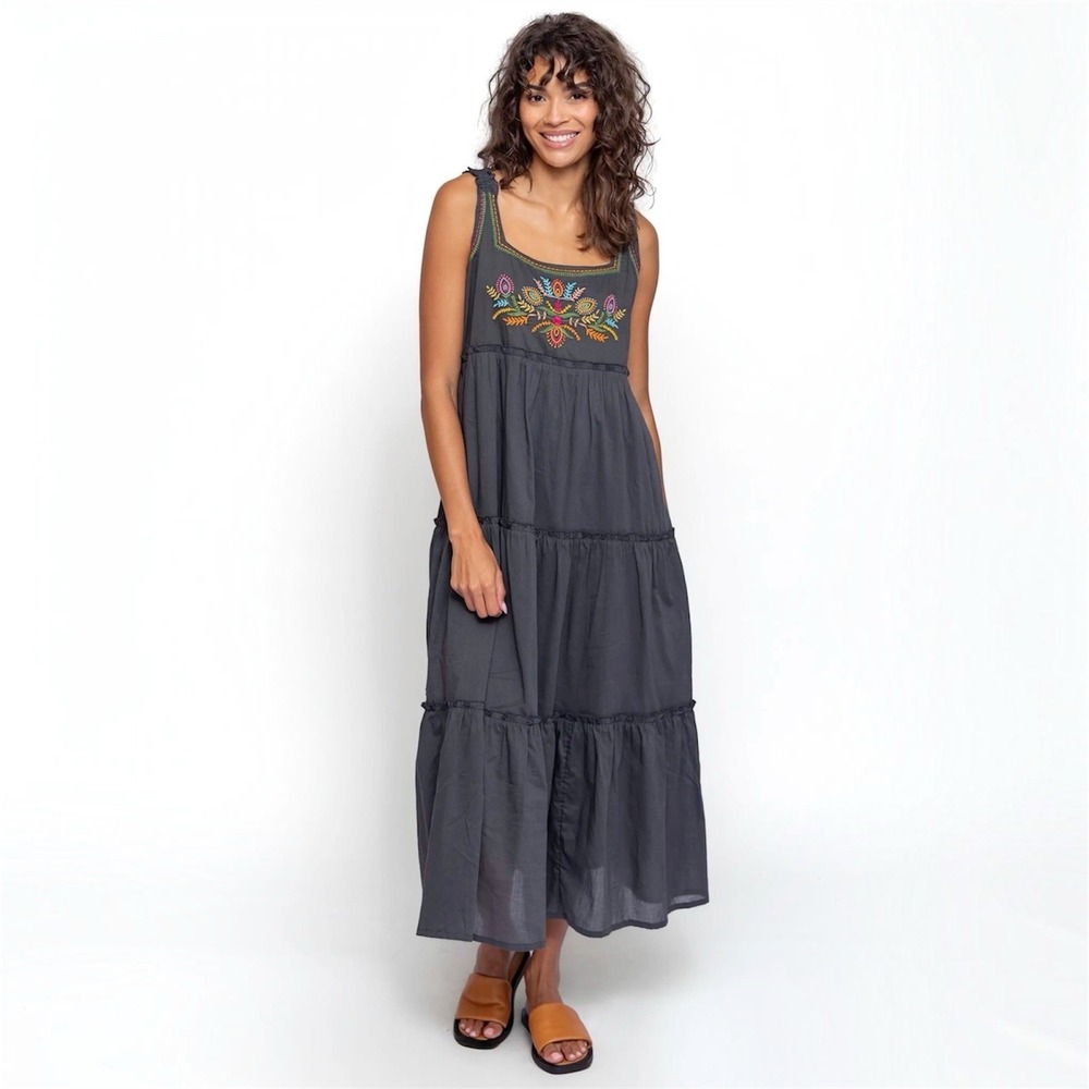 Natural Life XXL Maxi Dress 2XL Adele Embroidered Cotton Gray Boho Tiered 1838